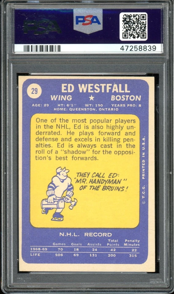 1969-70 TOPPS NHL Hockey #29 ED Westfall PSA 8 oc NM-MINT Boston Bruins Card - Image 2 of 2