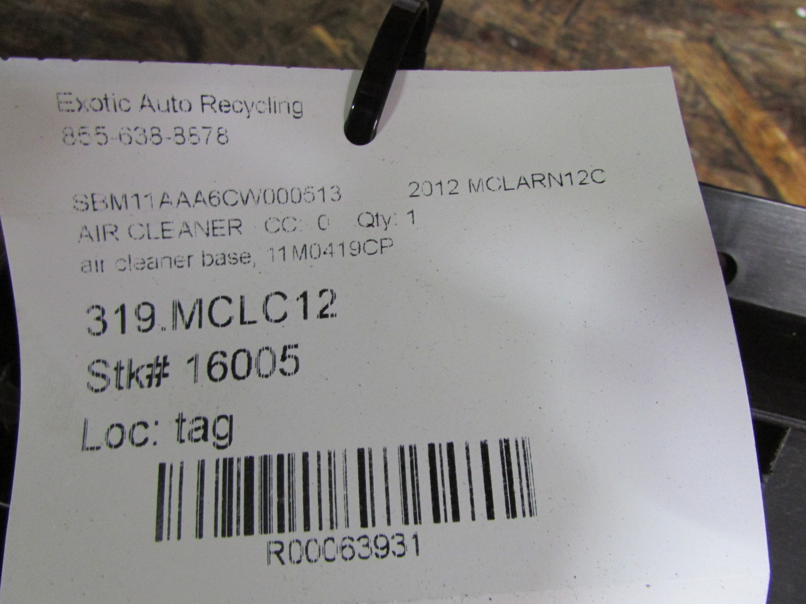 Mclaren MP4-12C, Air Cleaner Base, Used, P/N 11M0419CP