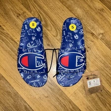 New Champion IPO Doodle Slides Sandals Big C Blue White Size 5 Youth