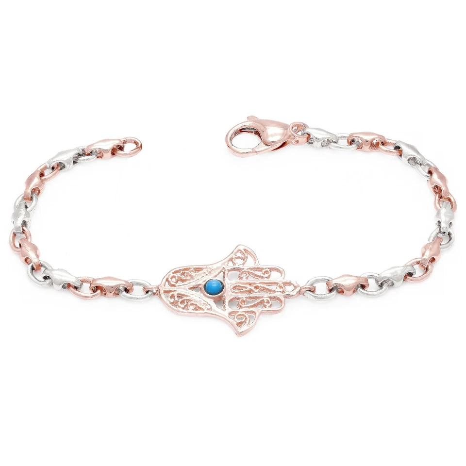 14k Two Tone Gold Hand of Fatima Hamsa Charm Bracelet with Turquoise 7" 9.5grams - Image 3 of 4