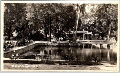 RPPC Postcard Kings Garden Pond Wooden Bridge Gazebo 1910s As it is today