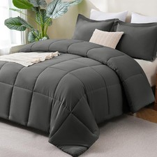 CozyLux Queen Size Comforter Set, 3-Piece Box-Stitched, Dark Grey