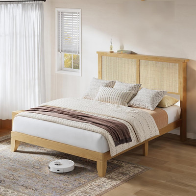 Wooden Rattan Full Bed Frame with Headboard & LED Lights & Metal Slats