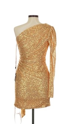 Ieena for Mac Duggal One Sleeve Dress Sequin Gold Asymmetric Mini Sz 0  Party | eBay