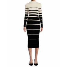Stitchdrop Black Cream Ribbed Striped Mock Neck Knit Midi Sweater Dress Small