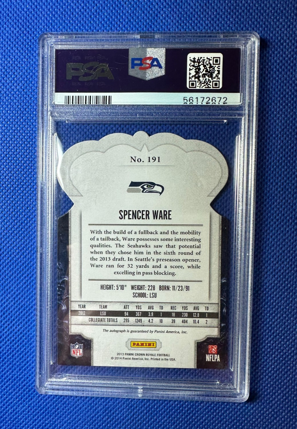 1/1 AUTO Spencer Ware Crown Royale Silver Holo 2013 RC PSA (8) ( ONLY 1  EXISTS view 2