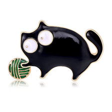 Whimsical Enamel Black Cat Brooch Gold Big Eyes Kitten Pin Cute Animal Jewelry G