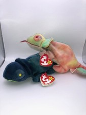 Vintage Lot of 2 TY Beanie Babies RAINBOW Chameleons 1 Tye-Dyed  1 Retired Blue