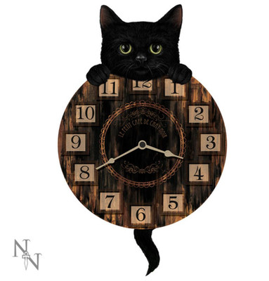 Nemesis Now schwarze Katze Holz Pendeluhr schwingender Schwanz Kätzchen tickt