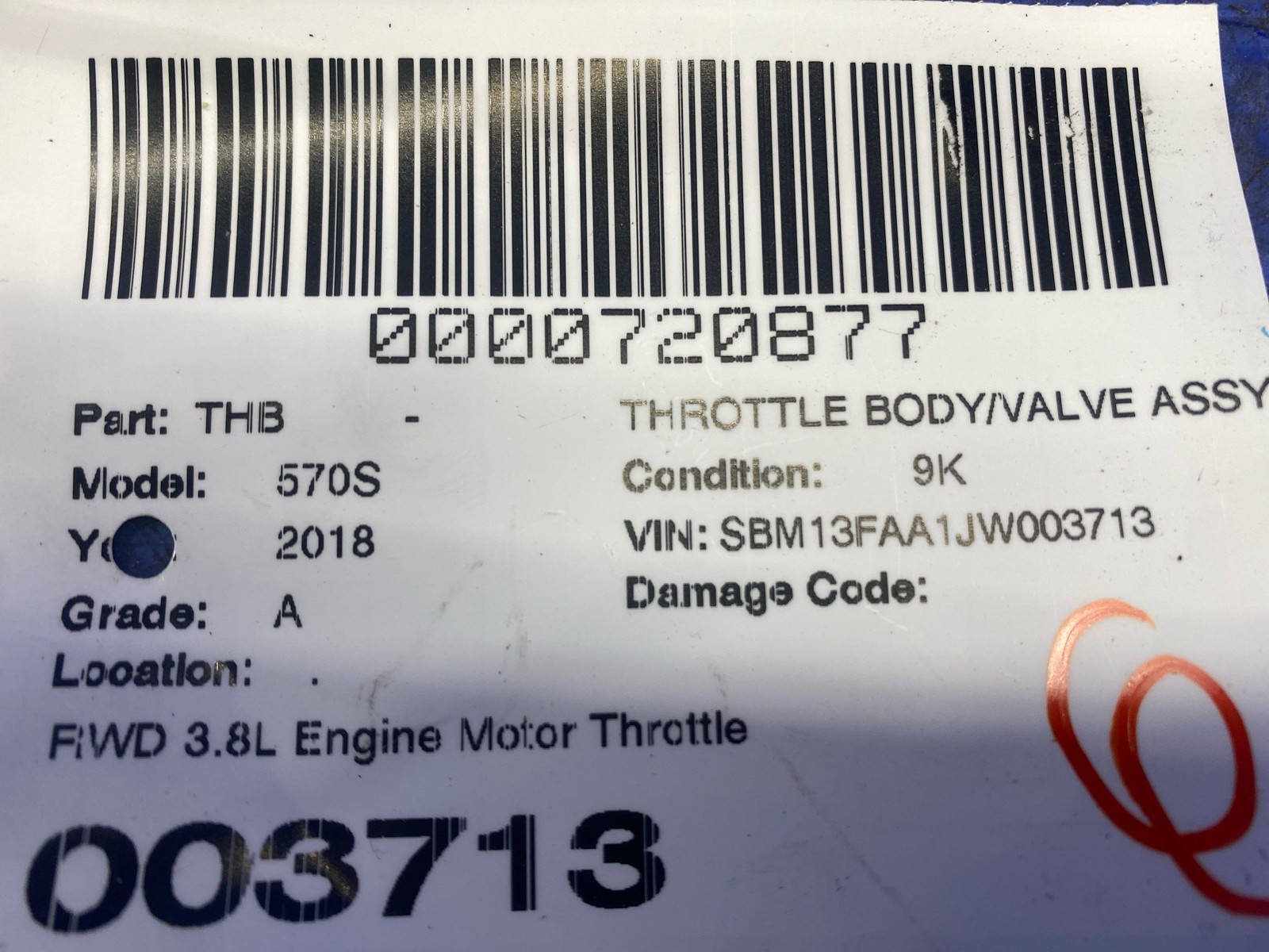 2016-2021 Mclaren 570s RWD 3.8L Engine Motor Throttle Body Air Valve 90475682