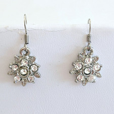 Rhinestone Earrings Silvertone Flower Dangle Sparkly Cocktail Party Dainty NEW