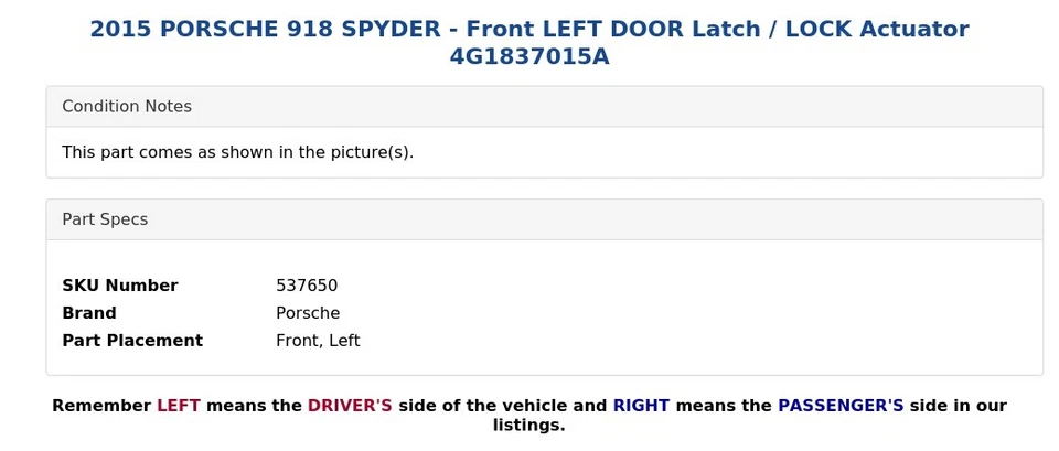 Porsche 918 Spyder 2015 - pestillo de puerta delantera izquierda / actuador de bloqueo 4G1837015A Foto 3 de 3