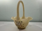 Fenton Custard Satin Ruffled Basket Hand Painted, Signed 7.5”