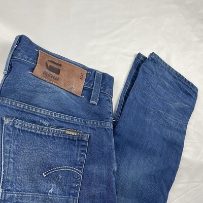 G-Star Raw 3301 Slim Jeans Men s W33 L30 Blue Button Fly Distressed Denim