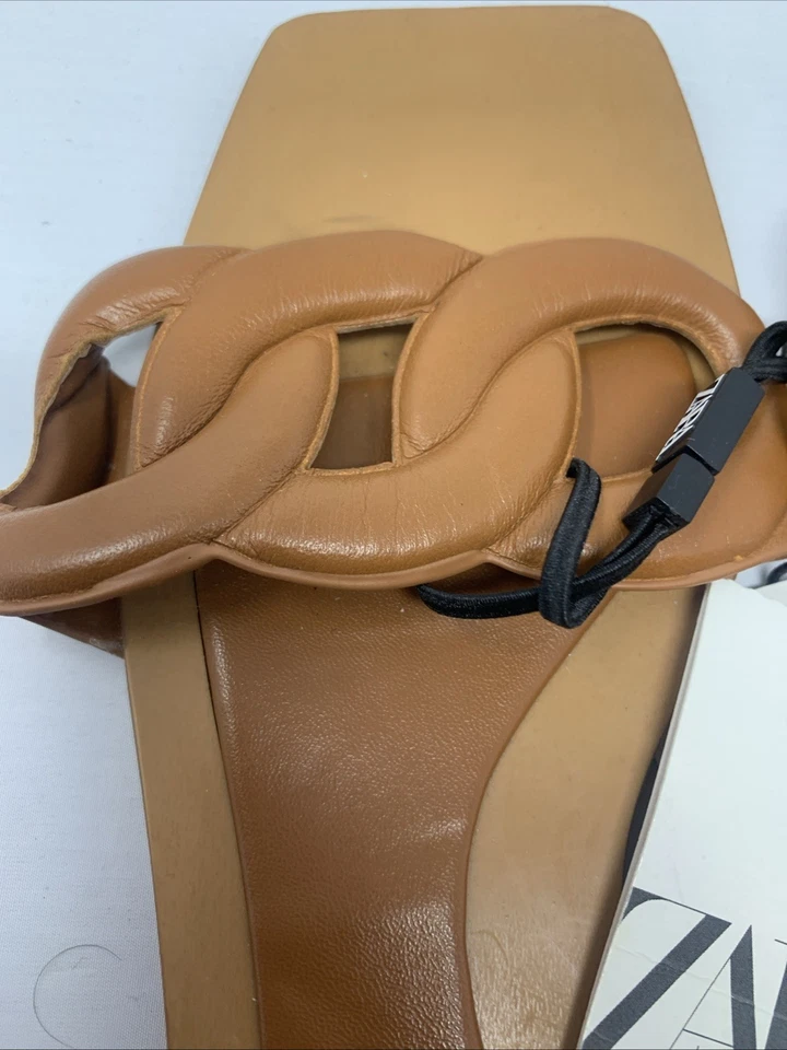 Sandalias Zara Mujer 8 Marrón Cuero Cadena Correa Plana Acolchada Puntera Cuadrada Deslizable Nuevas con Etiquetas Foto 3 de 4