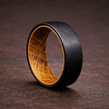 Black Tungsten Whiskey Barrel Ring   Wood Inlay Men  s Wedding Band Comfort Fit