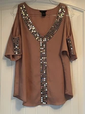 Moda International Peachy Taupe Mirrored Golden Sequins Slit Sleeve Blouse Small