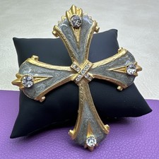 Maltese Cross Brooch Pendant Gray Enamel Rhinestones Gold Tone
