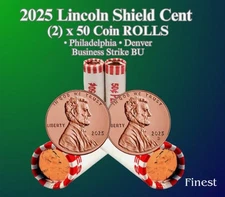 2025 D & P SHIELD Lincoln Cent 50 Coin Rolls 2 ROLLS Sealed BU; Red Uncirculated