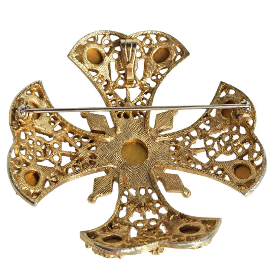 Broche Cruz Maltesa Colgante Tono Dorado Gripoix Vidrio Esmeralda Perla Espalda Abierta De Colección Foto 2 de 4