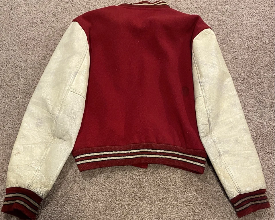 Chaqueta Letterman Universitaria Vintage Años 50 60 Cuero Rojo Lana Bombardero Talla Mediana EE. UU. Foto 2 de 4