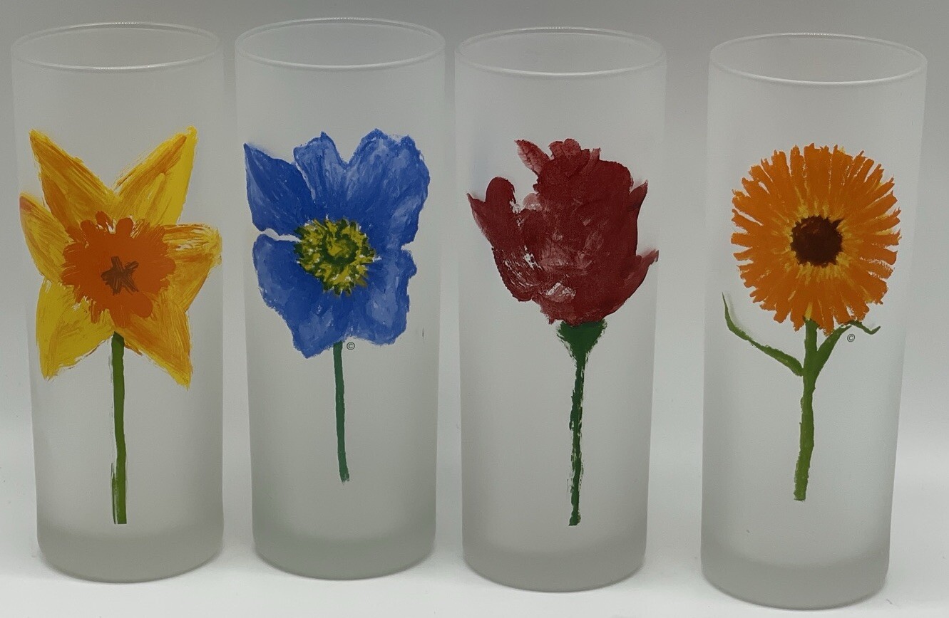 4 Dartington Designs Frosted Highball Glasses Made in France Floral