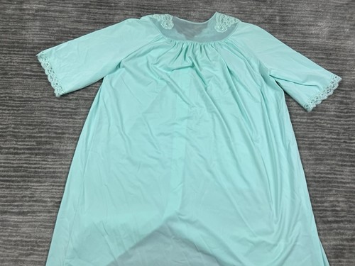 Vintage Shadowline Robe Night Gown M Green Lace Trim Silky Nylon Half Sleeve - Picture 8 of 12