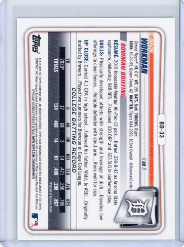 2020 Bowman Draft Chrome Blue Refractor /150 Gage Workman #BD-33 - Chi Cubs - Picture 2 of 2