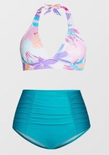 CUPSHE Plus Size Bikini swim High Waisted Halter Bikini XXL Blue