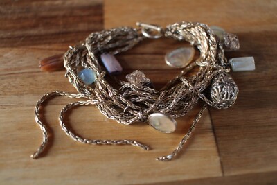 Vintage Multi Strang Armband mit Stein Charms Abalone Muschel und Glas