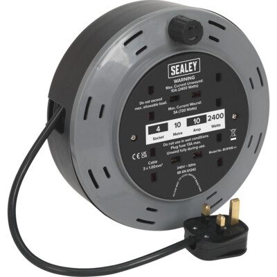 10 Meter Kassetten Typ Kabeltrommel - 4 x 230V Stecker Buchse Verlängerungskabel 2400W