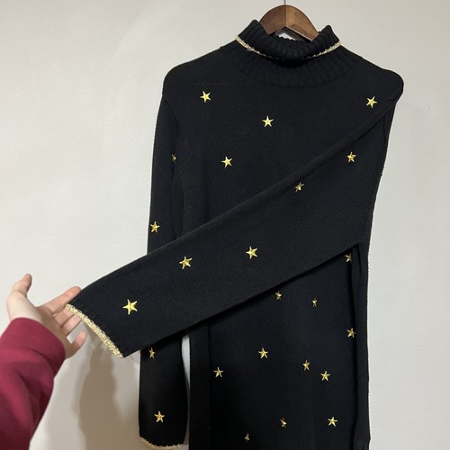 Vintage Quacker Factory Preppy Stars Turtleneck Sweater Size L Black Tunic Knit - Picture 3 of 11