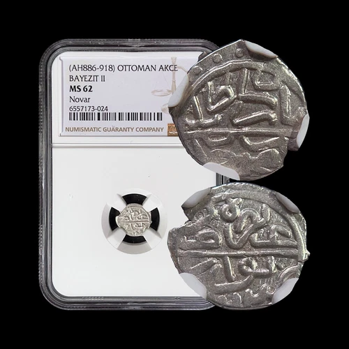 OTTOMAN. 1481, Akce, Silver - NGC MS62 - Bayezid II - Novar, Serbia 024