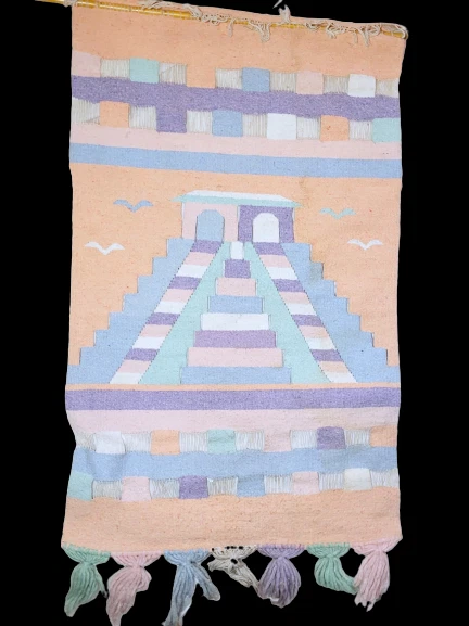 Hand Woven Tapestry Aztec Mayan Pyramid Wall Art Hanging Wool Textile Mexico 44