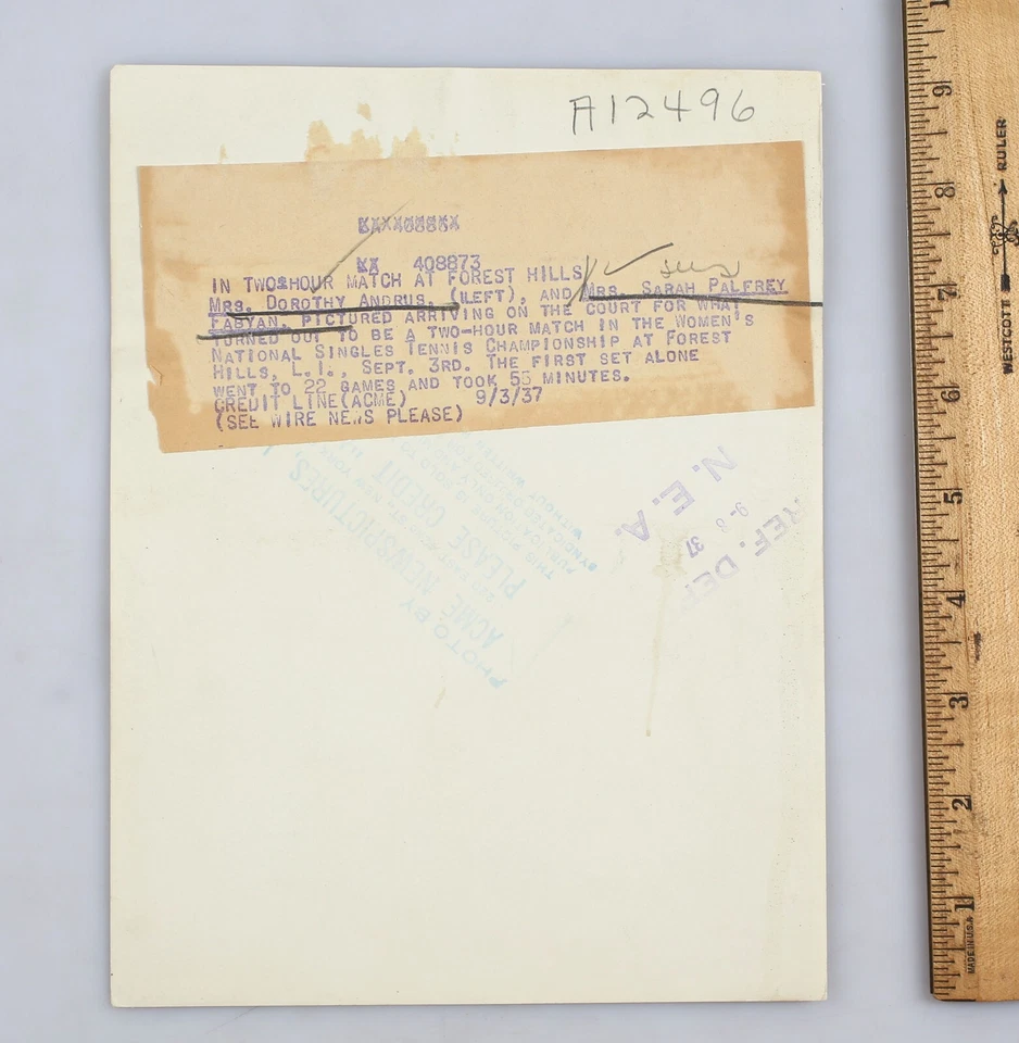 1934 Photo Tennis Women Dorothy Andrus Sarah Palfrey Forest Hills U.S. Open - Image 2 of 2