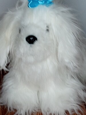 Realistic Maltese White Puppy Dog Plush Blue Bow Long Hair 10'' Looks Real