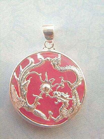 Pink Jade 18KWGP Dragon Phoenix Sun Pendant and Free Chain