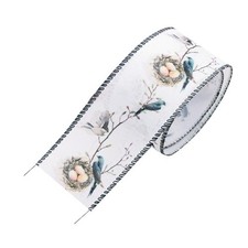 Bird and Nest Wired Ribbon, Slate Blue Edges - 2 Inch