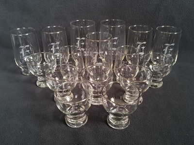 Monogrammed ''E'' Glassware Silver Trim Etched Tumblers Set Of 16 Vintage
