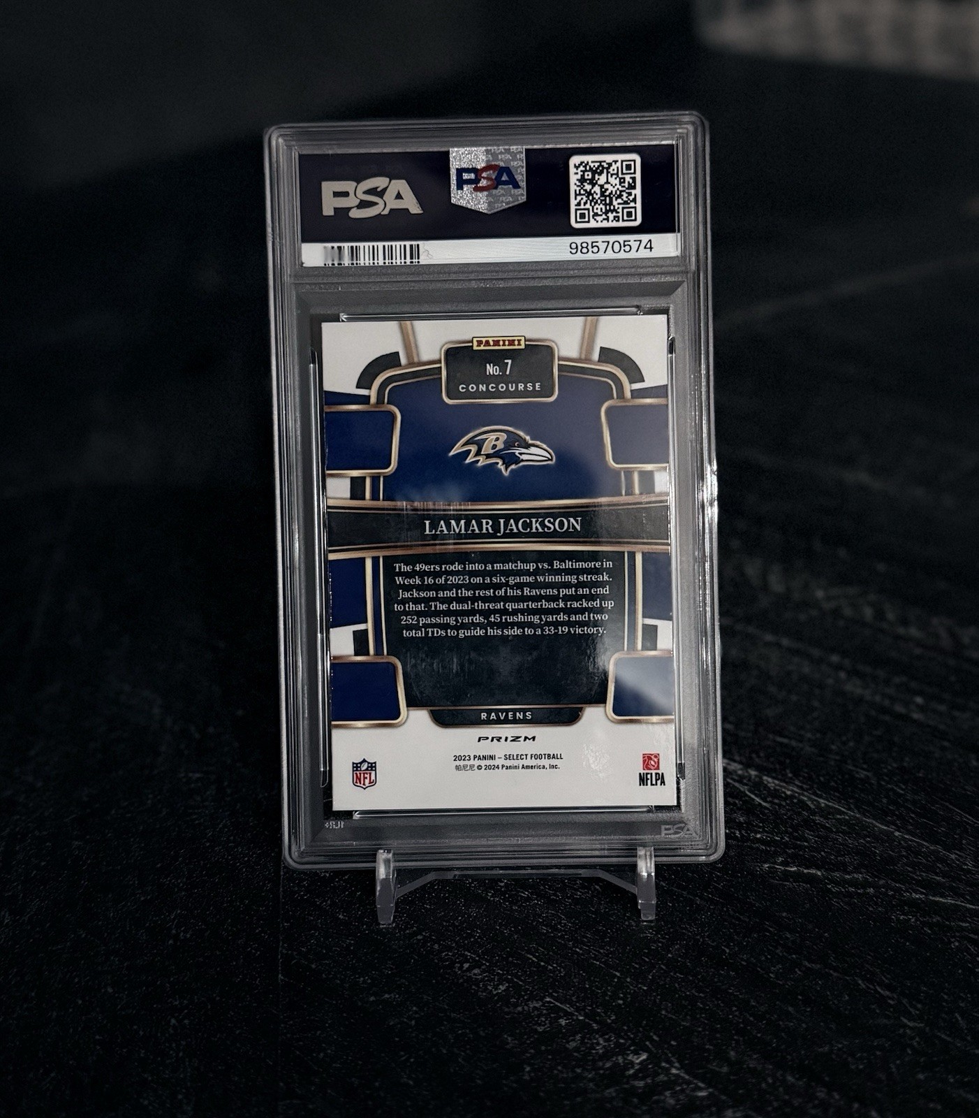 2023 Panini Select - Concourse Lamar Jackson #7 Zebra Prizm PSA 9 view 2