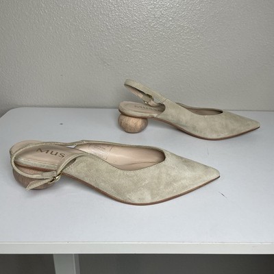 Musse Genuine Suede Bala Slingback Wood Ball Heel Beige Spain Sz 7.5 Boho Chic