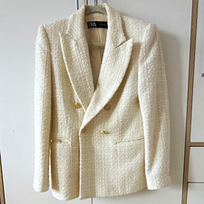 Zara Damen Tweed Blazer Creme Doppelreiher Go...