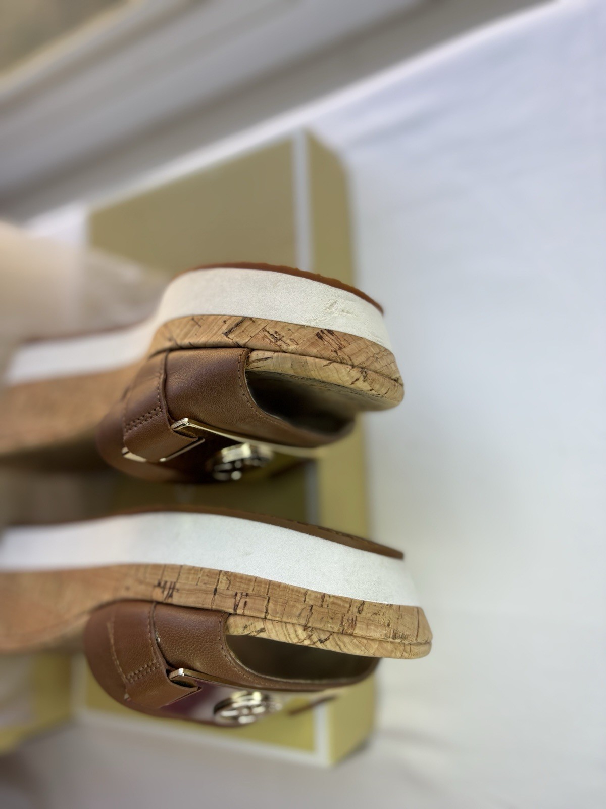 Michael Kors Brown Gold Leather Logo Metallic Slip-On Wedge Slide Sandals Women thumbnail 4