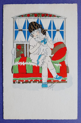 Postkarte T.Mayson.Art Deco,weibliches Model,Mode,Hund,Kinder um 1920