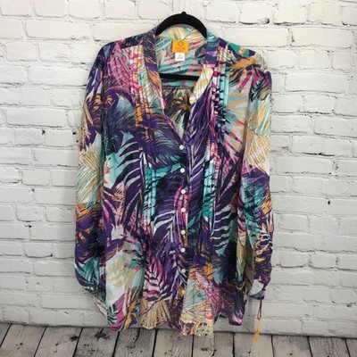 Ruby Rd Top Womens 3X Purple Long Sleeve Button Up Sheer Lightweight New
