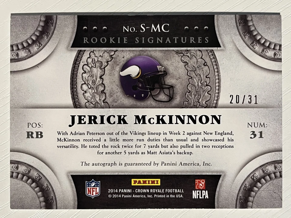Jerick McKinnon 2014 Panini Crown Royale Rookie Auto Jersey Number 20/31 Vikings - Image 2 of 2
