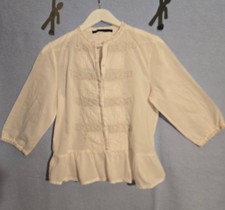 Zara Basic Bluse Gr. XL Weiß Baumwolle Verspielt Volants Stickerei 3/4 Arm