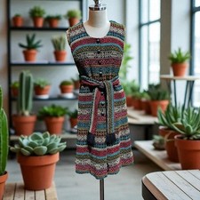 Vintage Caron Boho Tribal Knit Sleeveless Button Dress S/M - Ethnic Print Belted