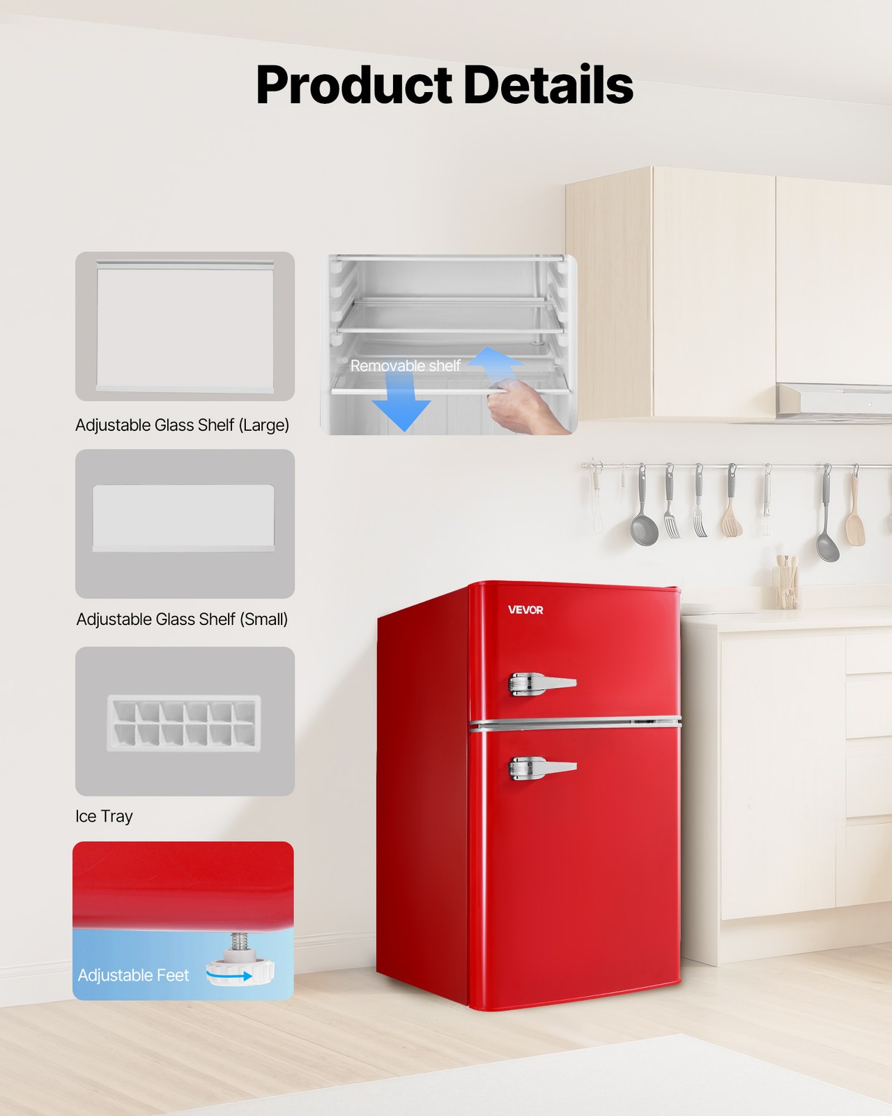 VEVOR Mini Fridge with Freezer 3.2 Cu.Ft Two Door Compact Refrigerator Dorm Red