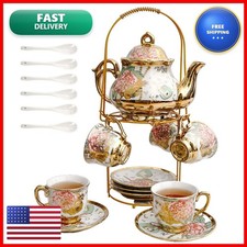 TEASFUSION 20 Pieces European Vintage Ceramic Tea Set Metal Cup Holder, Adult